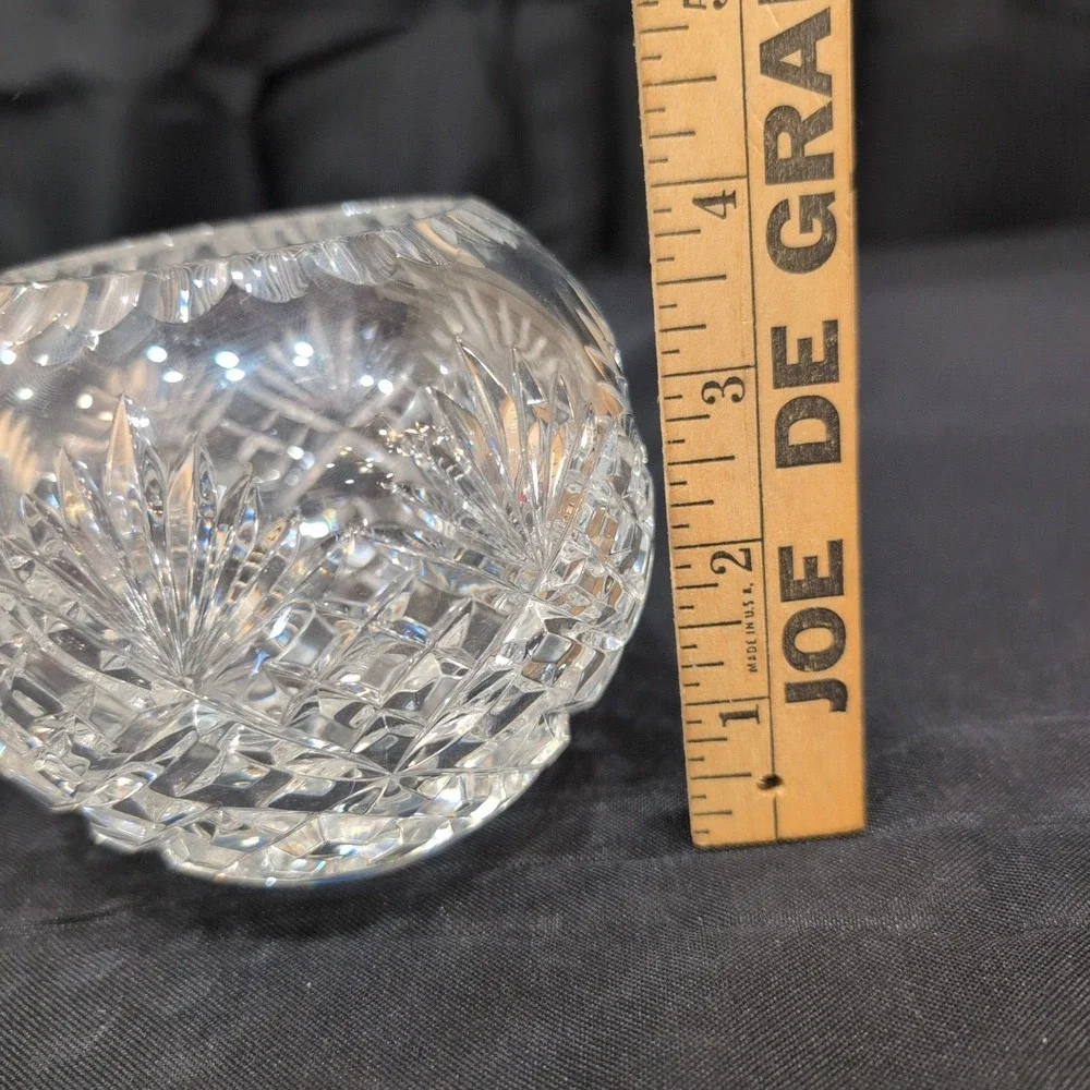 Vintage Cut Crystal Rose Bowl Round Clear Glass Starburst Crosshatch Vase - Picture 3 of 5